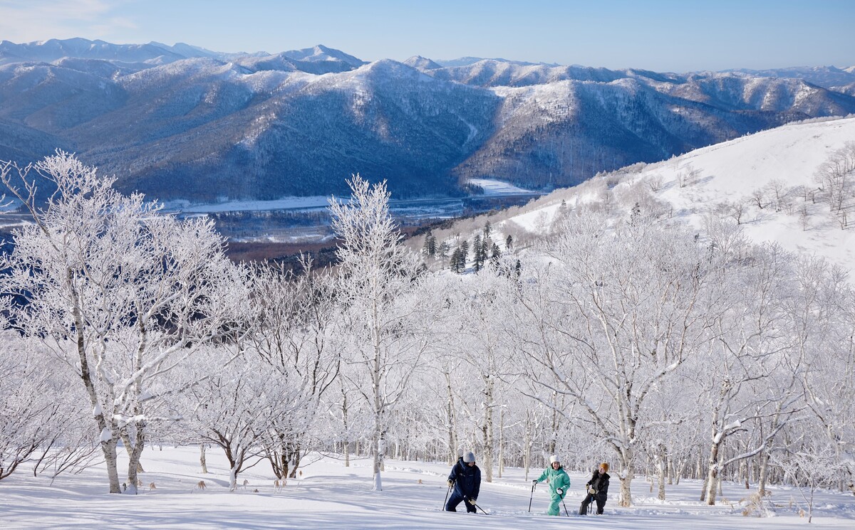 在北海道星野TOMAMU度假村外的滑雪場穿雪鞋漫步欣賞冬季雪景